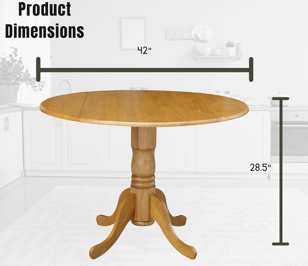 42" Round Dual Drop Leaf Dining Table - Solid Oak Parawood, Sturdy & Stylish