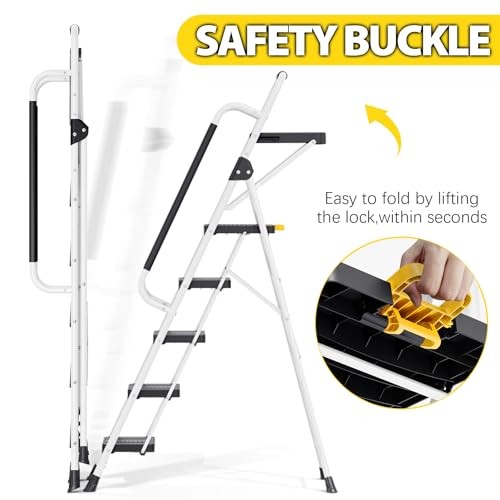 Folding 5-Step Ladder, 800 lbs Capacity Step Stool with Safety 5-STEP White