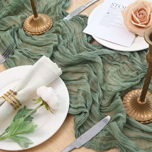 3 Pack Cheesecloth Table Runners, Pleated Boho Gauze Sage Green 3Pcs*10FT