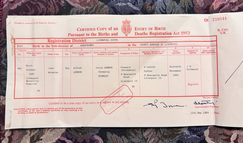John Lennon Authentic Certified UK Birth Certificate Copy Authentic Beatles