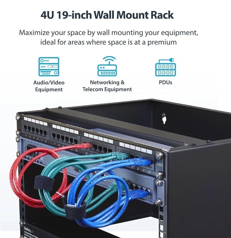 4U Wall Mount Rack - Cold-Rolled Steel, 44lbs Capacity, Cable Managed