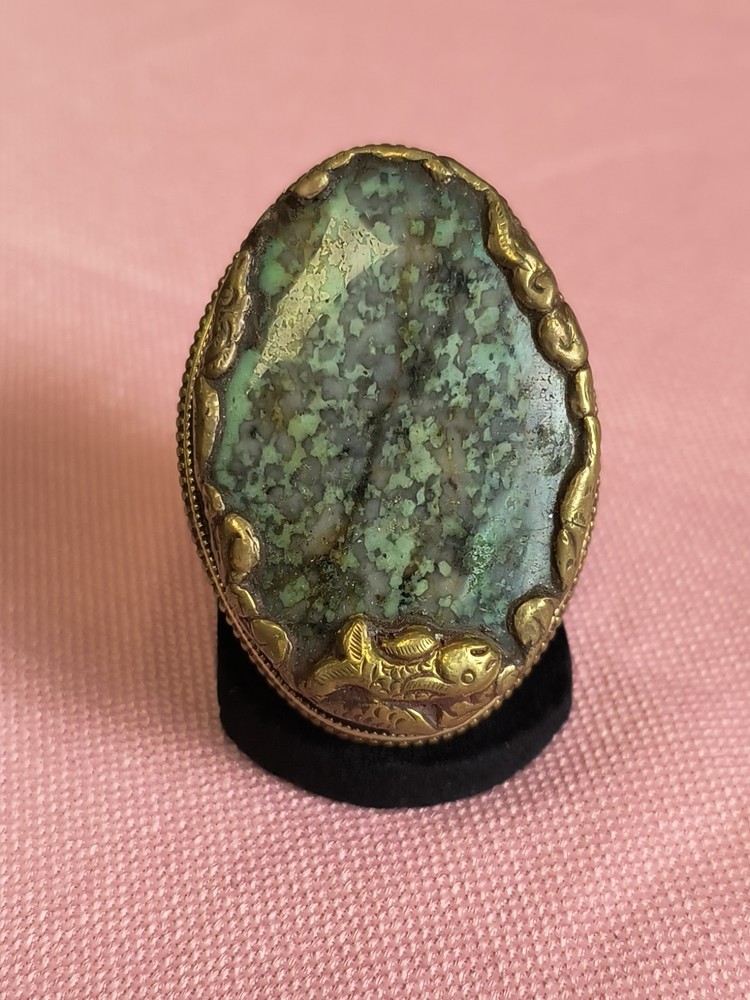 Oval LABRADORITE GEMSTONE TIBETAN Fish DESIGN Adjustable RING