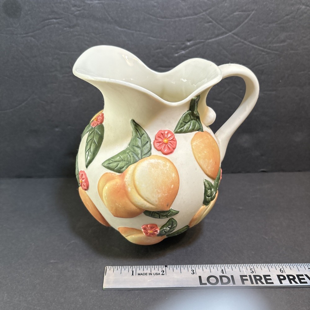 Claire Burke Peach Pottery Pitcher Hand Painted Embossed Raised Peach Pattern