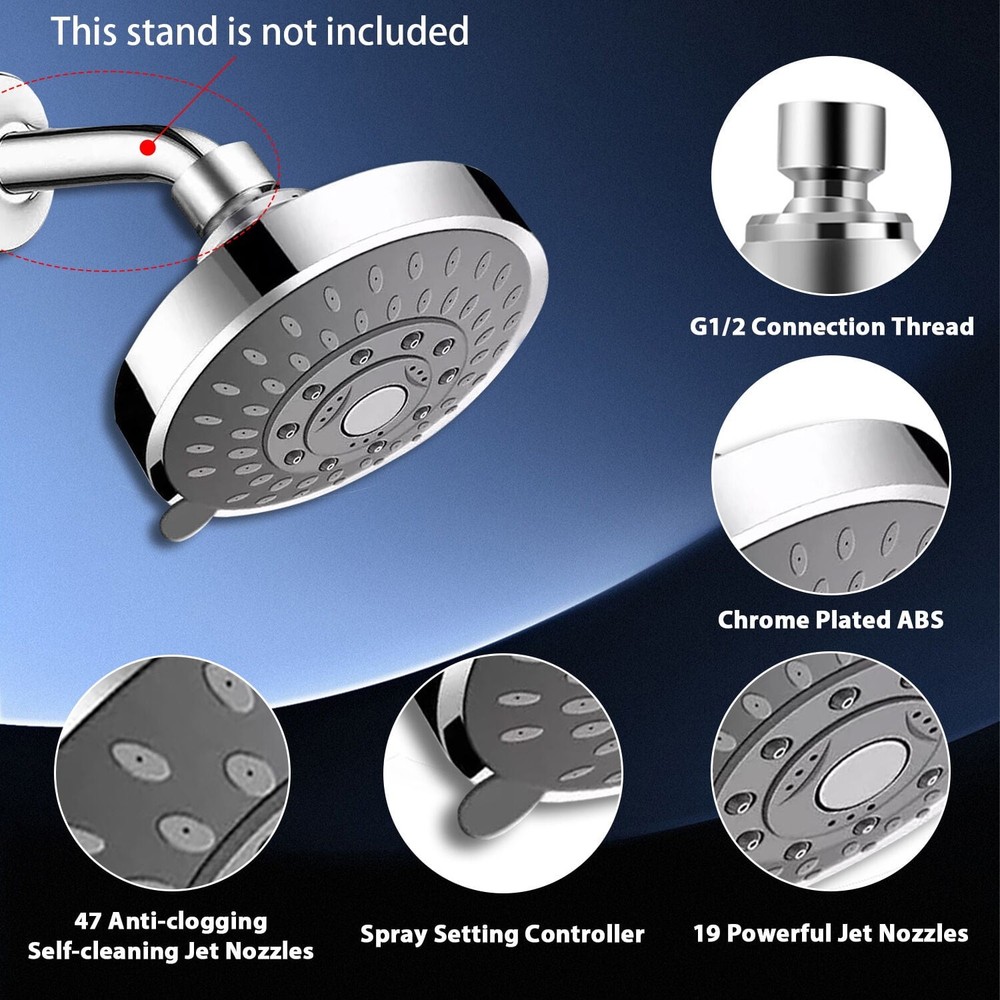 High Pressure Shower Head, Fixed Showerhead Rainfall with 5-Setting Adjustable