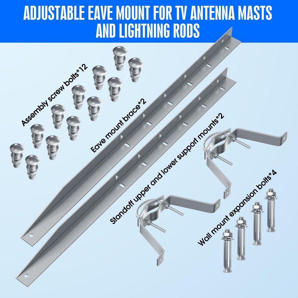 Adjustable Eave Mount for TV Antenna Masts and Lightning Rods