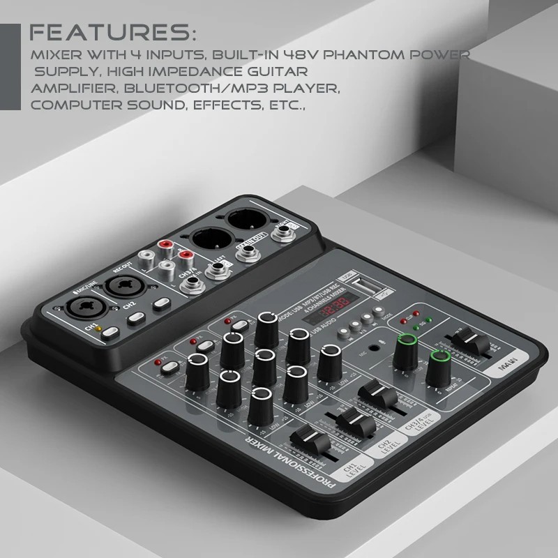 4 Channel Audio Mixer USB Bluetooth DJ Console 48V Phantom Power Karaoke