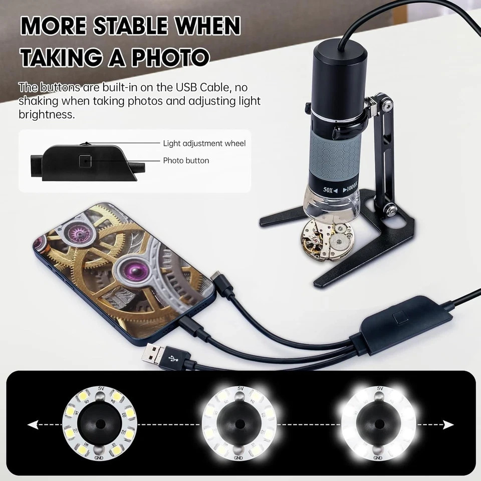 1080P USB Microscope with Metal Stand, 50X-1000X Handheld Digital Microscope