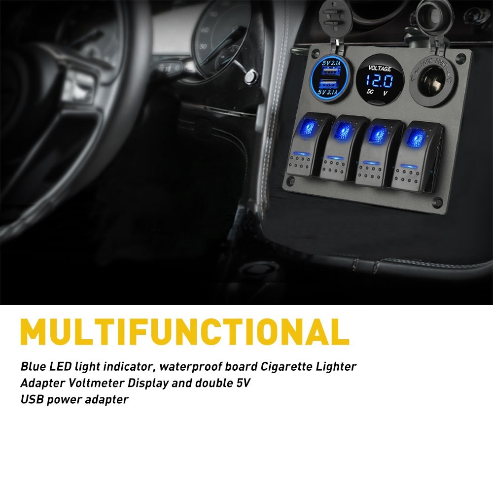 High Quality 4 Gang Blue LED Rocker Switch Panel Breakers Car Marine Boat RV