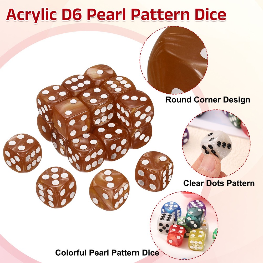 20pcs D6 Brown Acrylic Dice, 6 Colored Sides, Pearl Pattern