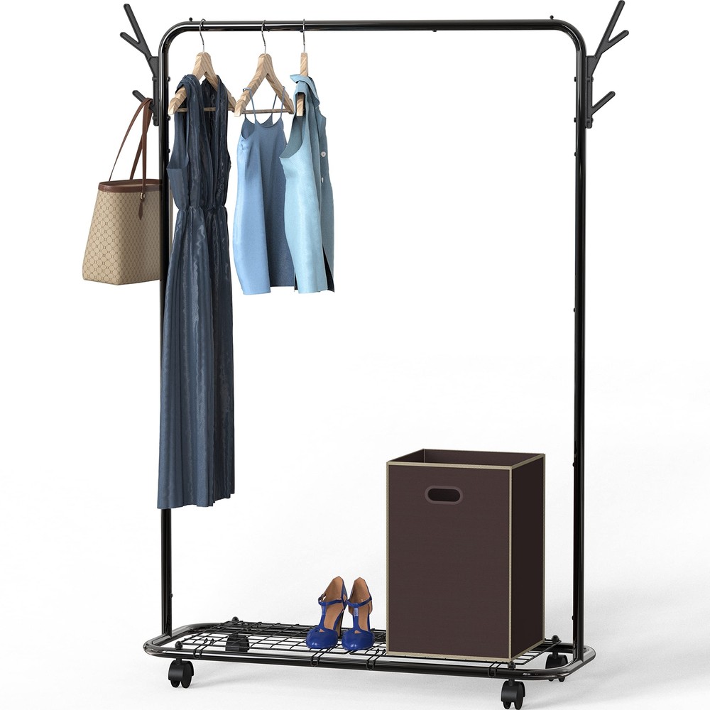Re Industrial Style Garment Rack With Wheels And Hooks Black