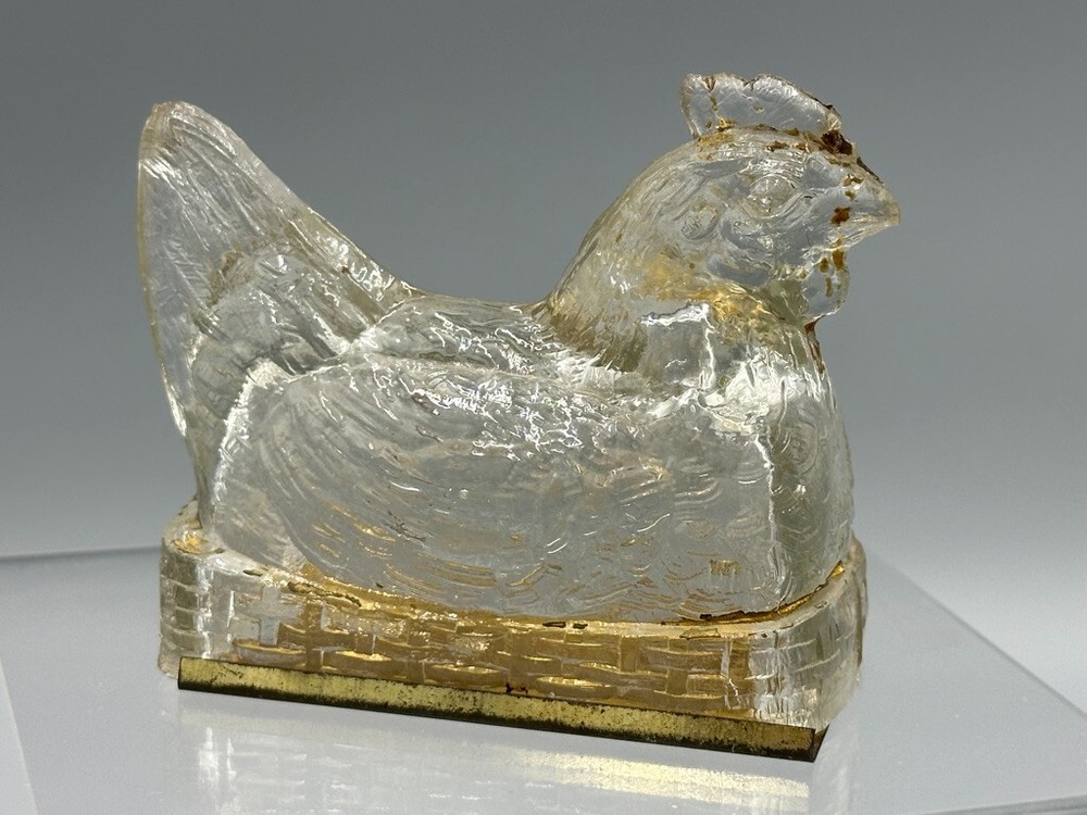 Vintage CHICKEN on a BASKET Hen Glass CANDY CONTAINER A&E 148