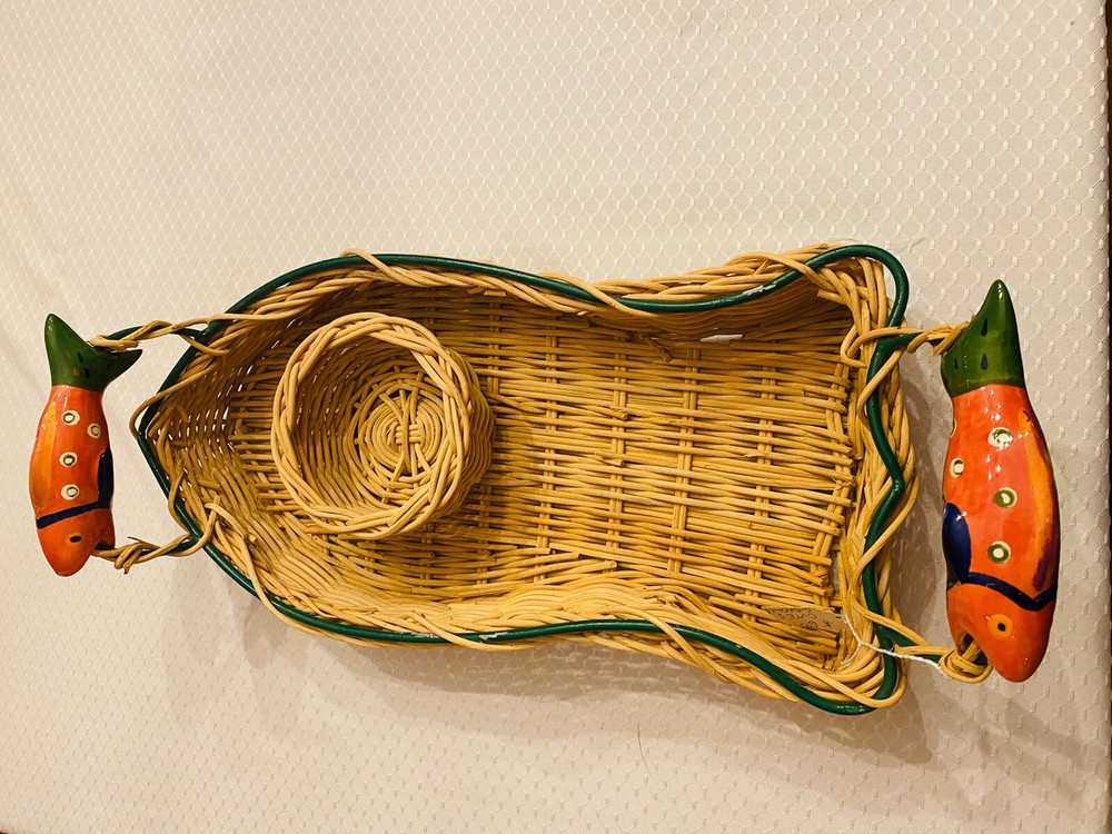 Fish Shaped Chip & Dip Serving Basket Ceramic Handles Wicker Tiki Pool Party
