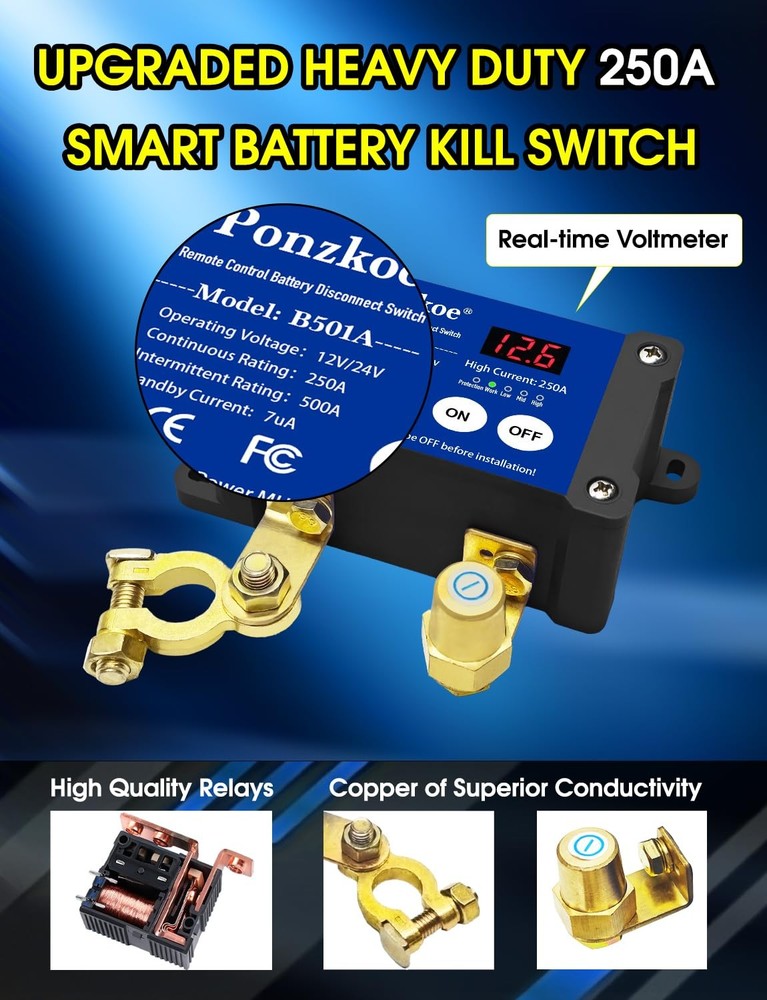 250A Smart Remote Battery Disconnect Switch 12V 24V - Quick Kill Switch for Car,
