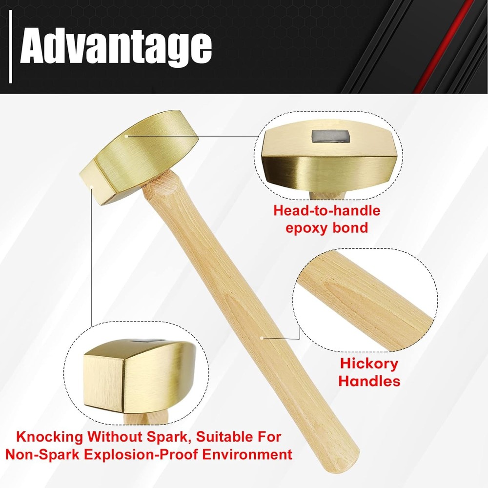 Solid Brass Hammer with Hickory Wood Handle Non Marring Non Sparking 2lb