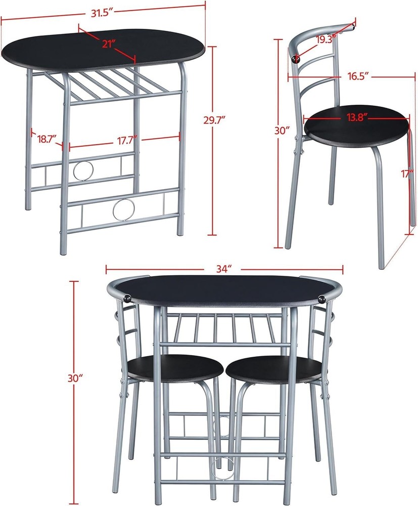3PCS Dining Room Table Set Kitchen Table & Chair Sets Compact Table w/Steel Legs