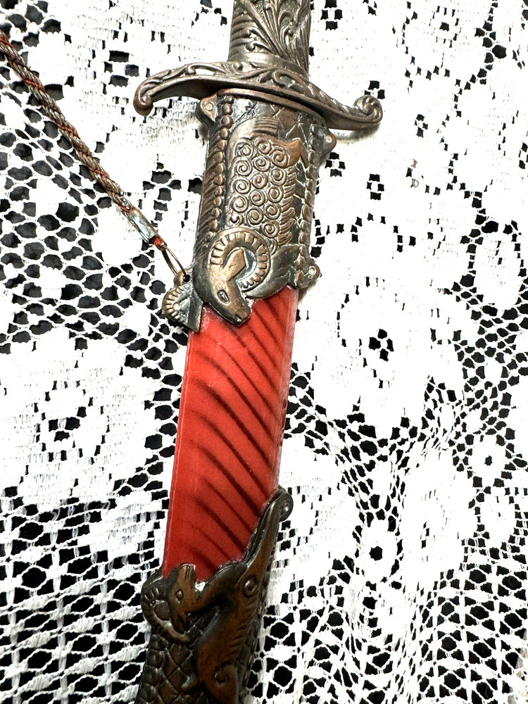 Ram Head Dagger with Ornate Scabbard Red Inlay