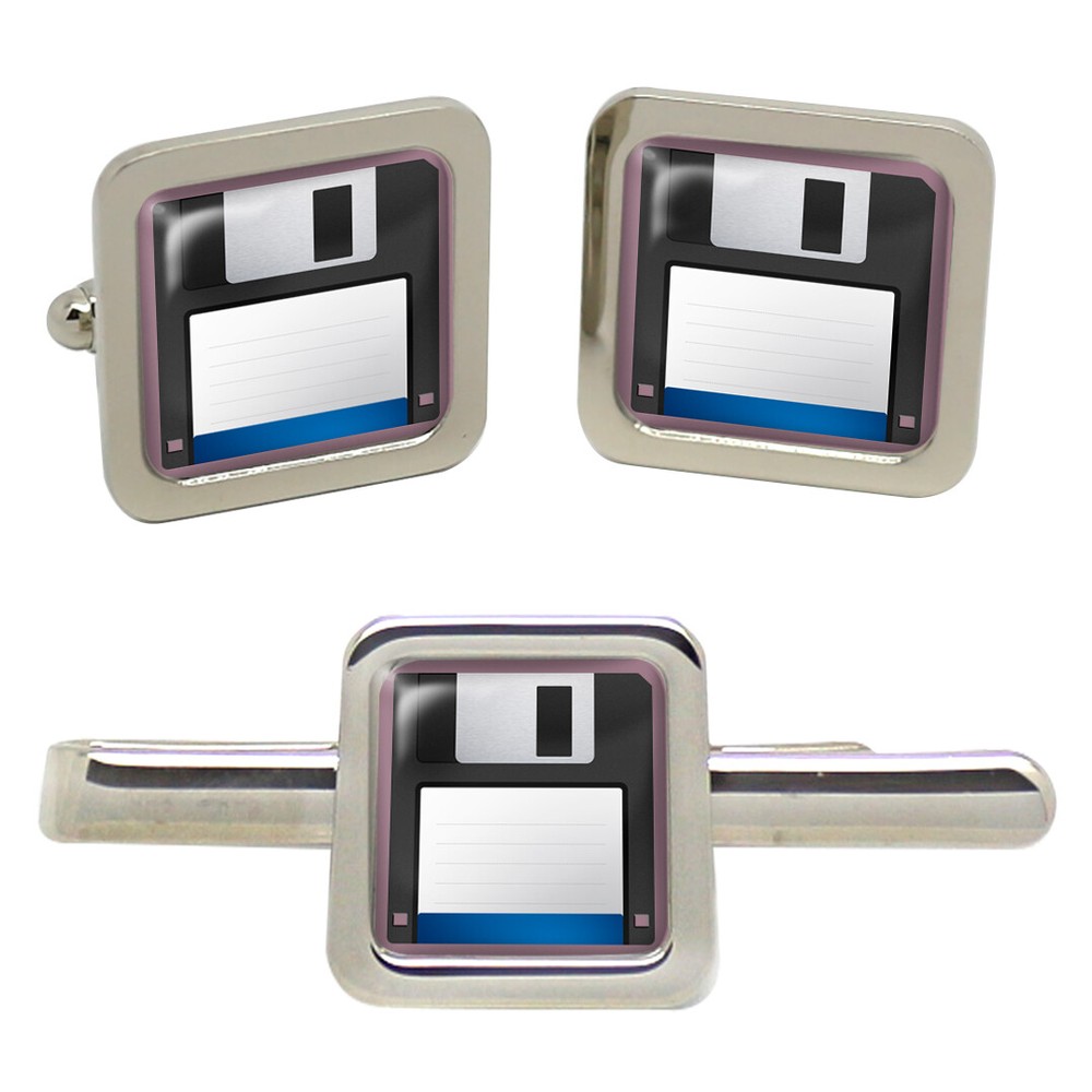 Floppy Disk Square Cufflinks and Tie Clip Set