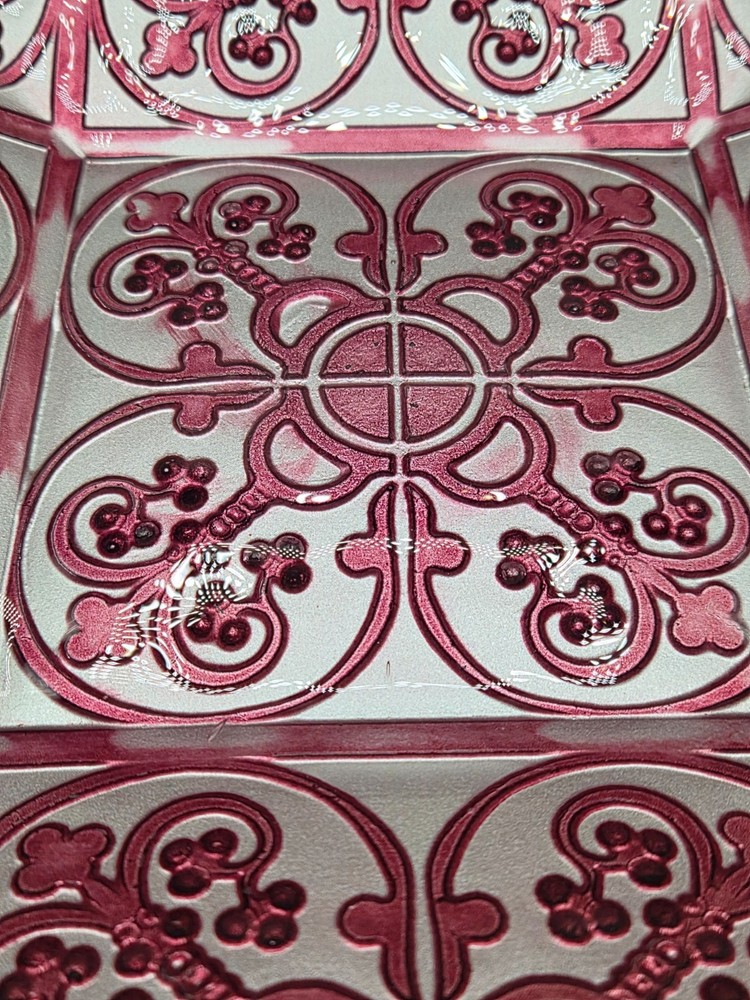 Square Glass Platter Pink & Silver Fleur-de-Lis Damask Scroll Serving Plate
