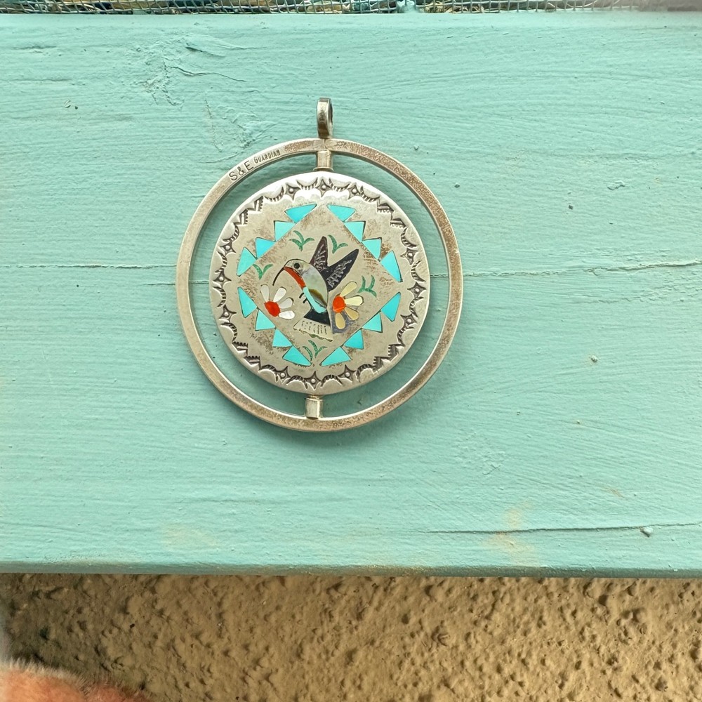 Zuni Double Sided Hummingbird & Bluejay Spinner Pendant by S & E Guardian