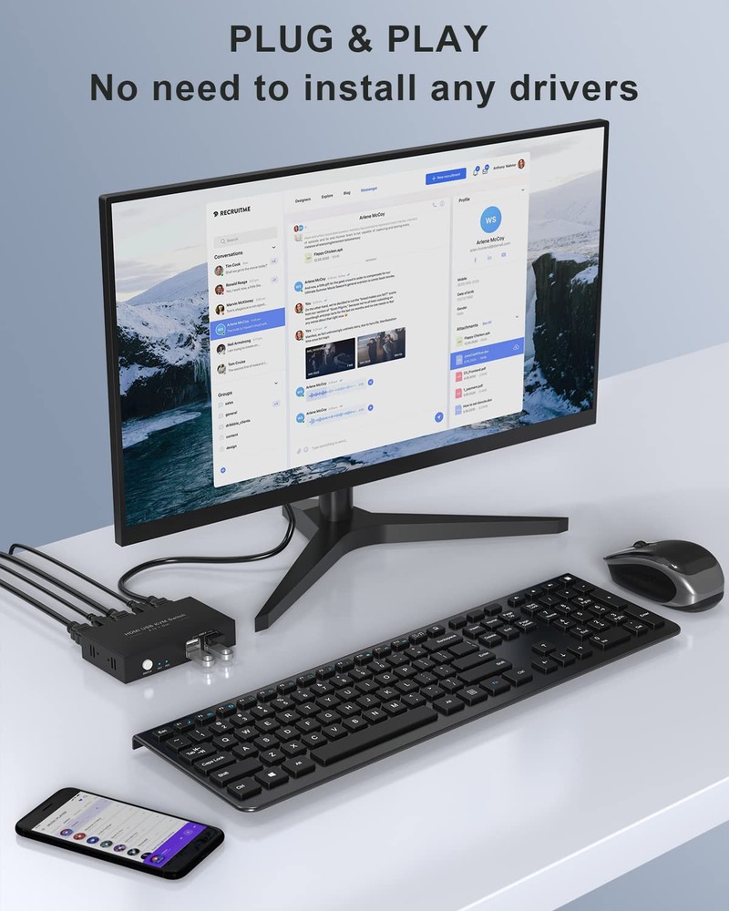 KVM Switch HDMI 2 Port Box,USB Switch selector with 4 USB 2.0 Hub Share 2 Com...