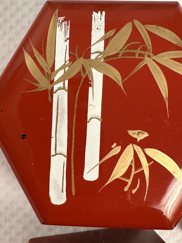 VTG Japanese Red Lacquer Nesting Boxes Gold Bamboo 5” x 4” x 3”