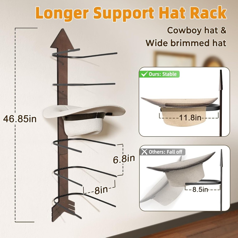 Cowboy Hat Rack Wall Mount, Solid Wood Arrow Design 6 Pieces, Walnut