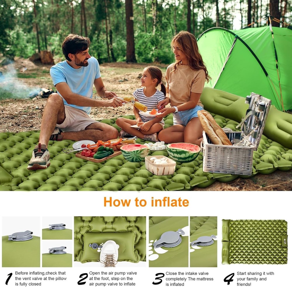Double Sleeping Pad 4" Extra-Thick Self Inflating Sleeping Mat for 2 Person