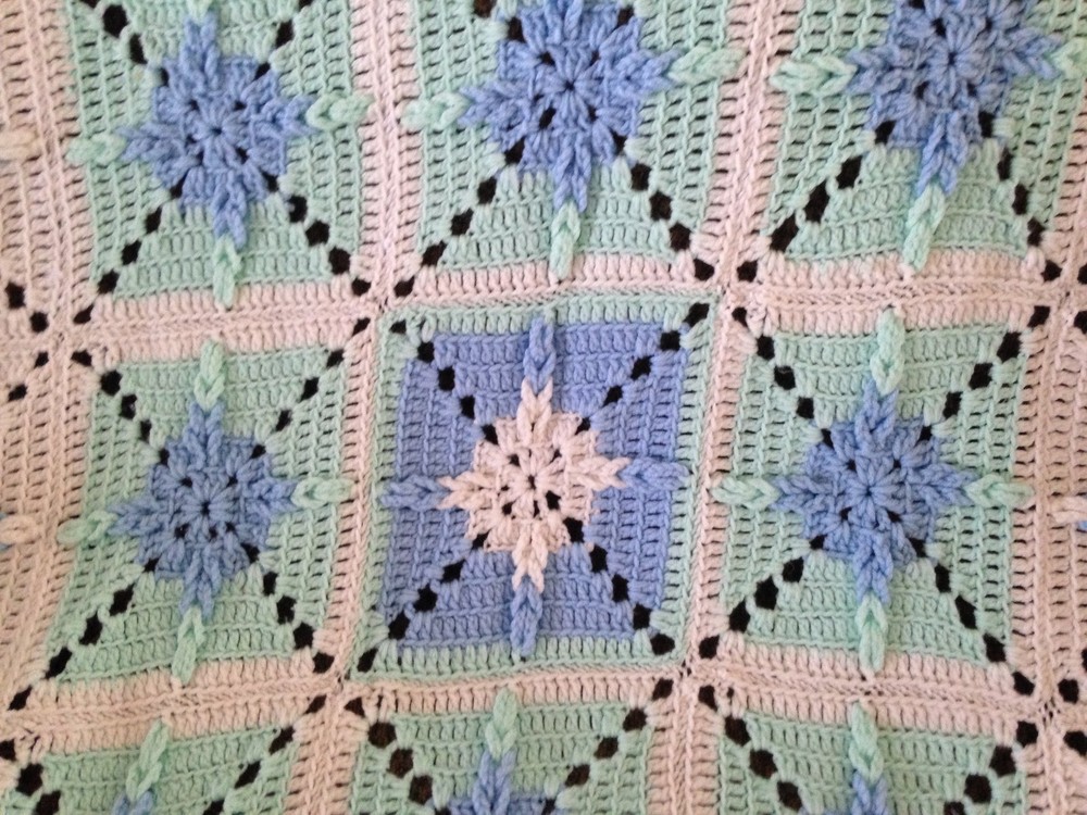 Handmade Afghan White, Blue & Green. 52"x53".