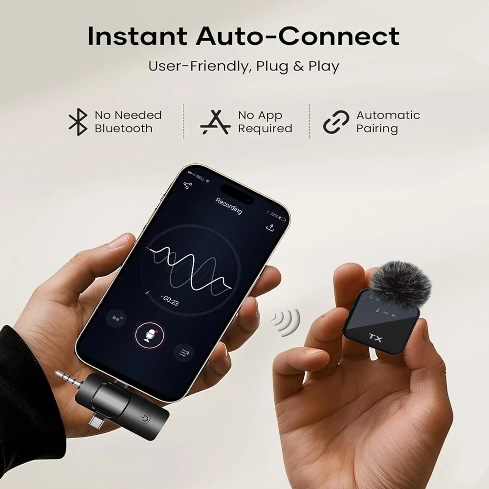 WIRELESS MICROPHONE IPHONE ANDROID TRANSMITTER RECEIVER NOISE CANCELLATION