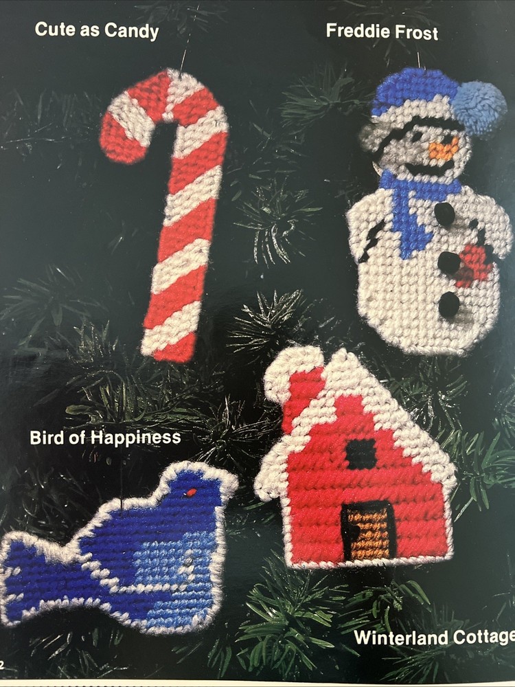 Plastic Canvas Needlepoint Holiday Pattern Candy Came Snowman Bird Cabin