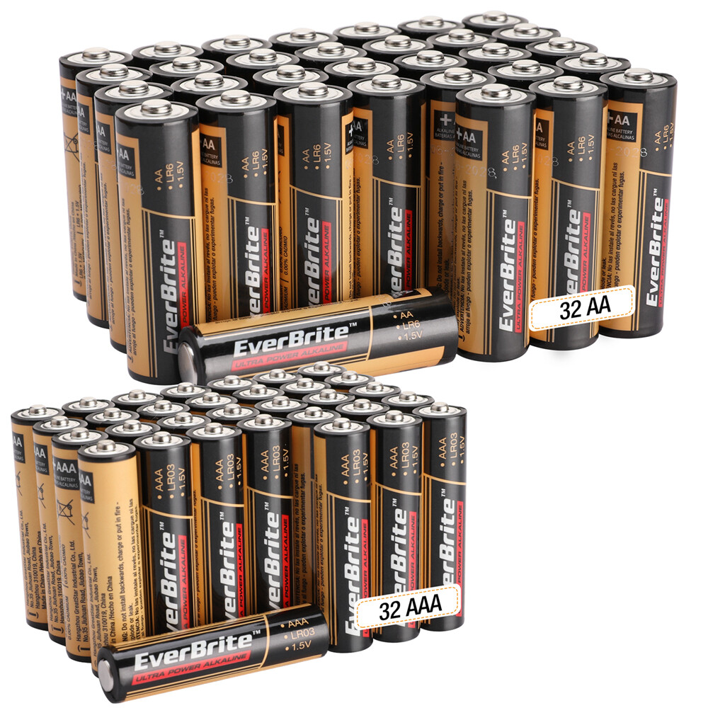 EverBrite 64PCS Alkaline Battery Pack 32PACK AA/32PACK AAA Alkaline Battery PACK