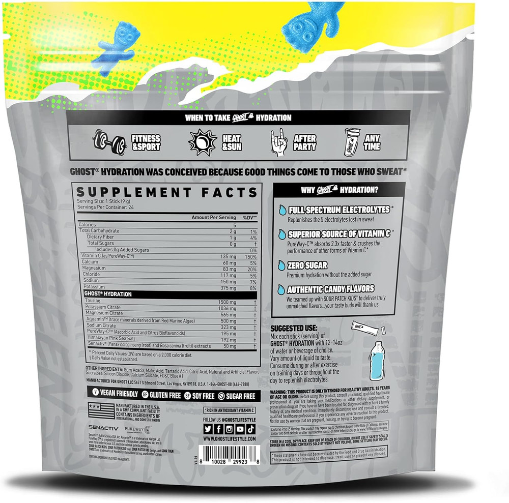 Hydration Packets, Sour Patch Kids Blue Raspberry, 24 Sticks, Electrolyte Pow...