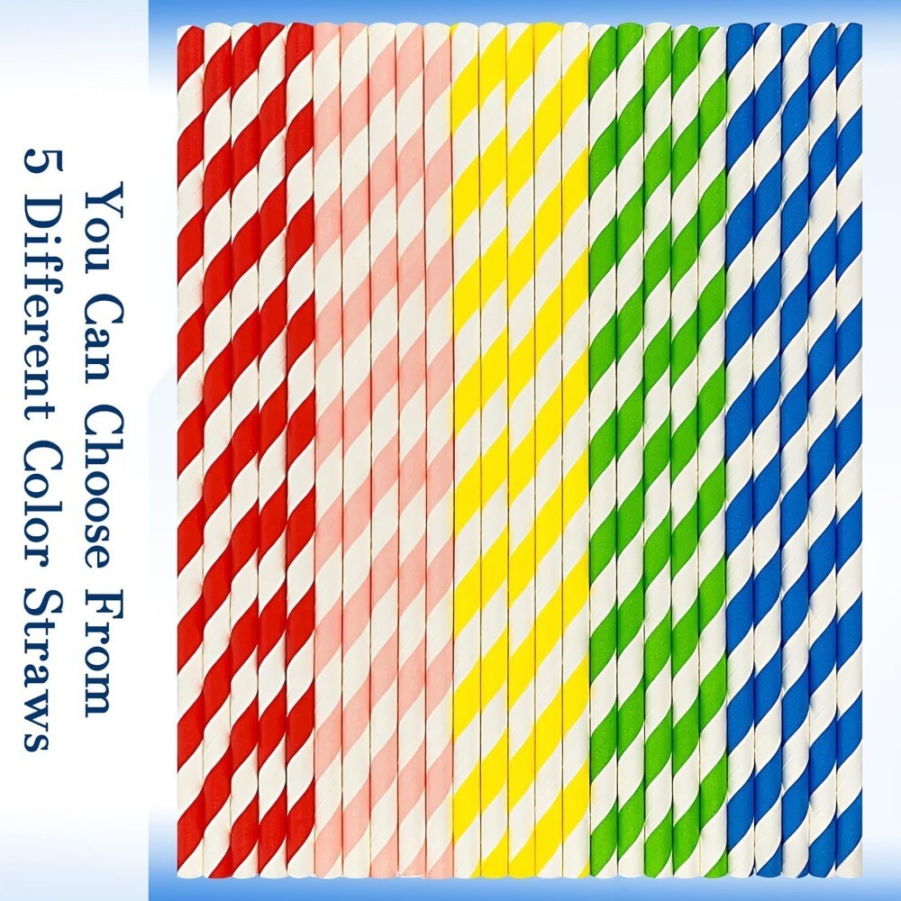 Rainbow Striped Paper Straws 100-Pack Biodegradable Eco-Friendly Drinking Straws