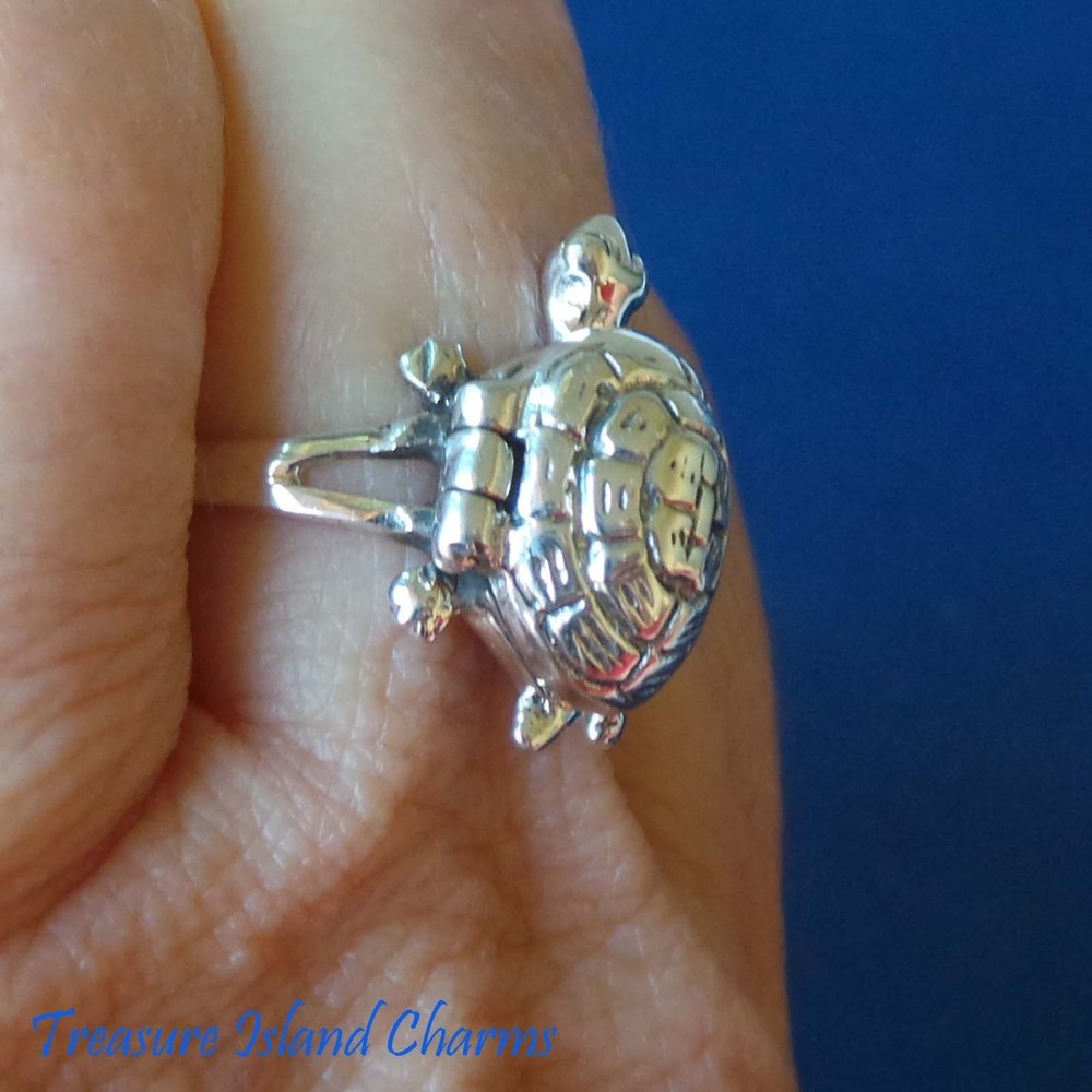 Turtle 925 Solid Sterling Silver Poison Pill Box Ring Opens Size 6 7 8 9 Opens