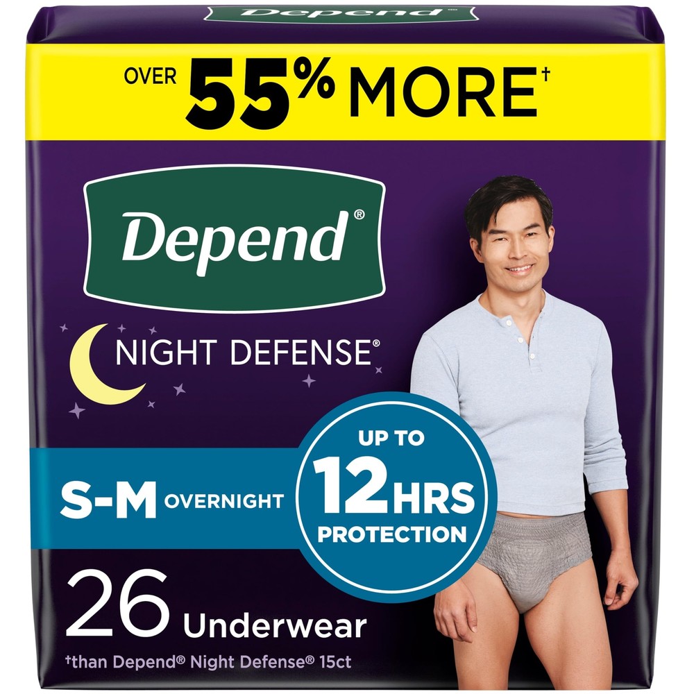 Depend Night Defense Incontinence Underwear for Men Small Medium Grey 26 Count