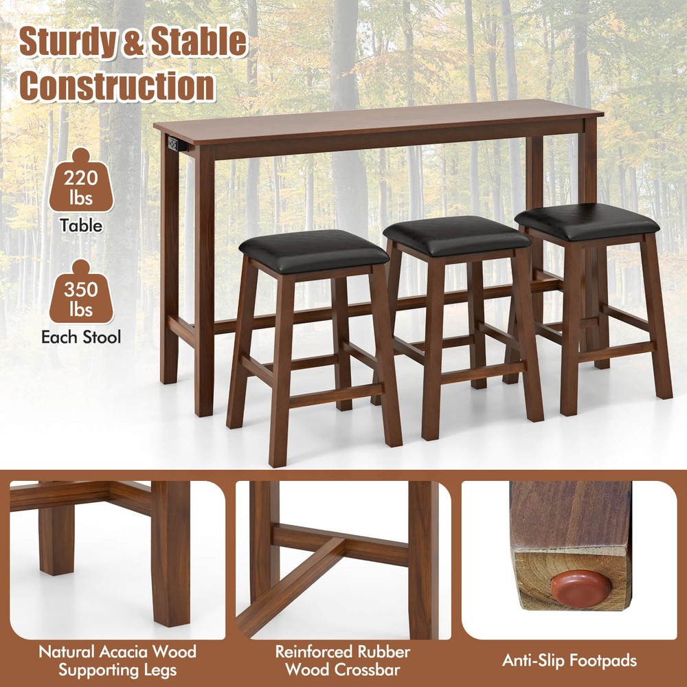 4 PCS Bar Table Set w/ Power Outlet Table & 3 PVC Leather Upholstered Bar Stools