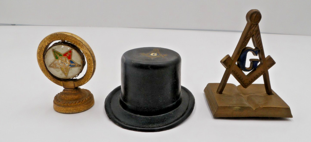 2 Vintage MASONIC Dashboard Magnetic Emblems & Plastic Top Hat