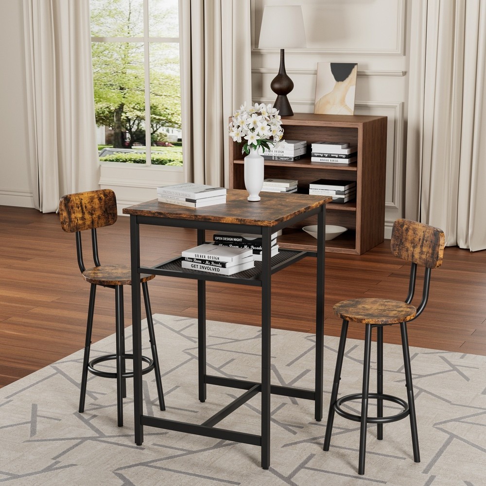 3 Piece Bar Table Set Counter Height Dining Kitchen Pub Table w/ 2 Bar Chairs