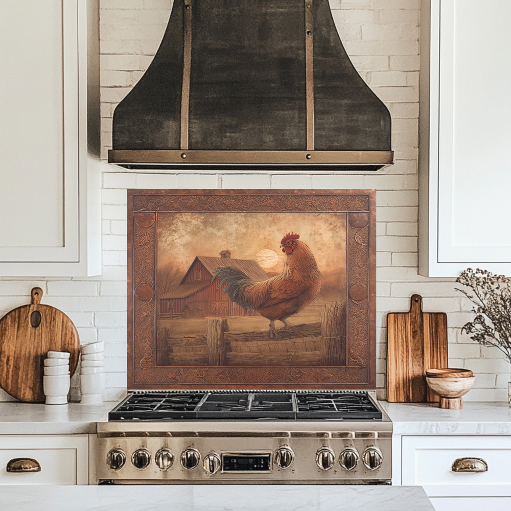 Copper Embossed Look Mediterranean Rooster Glass Backsplash • Rustic Kitchen
