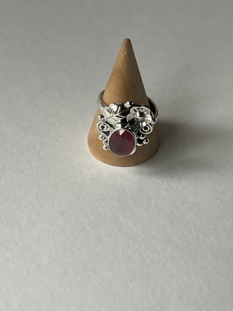 Red Coral Floral Ring 925 Sterling Silver, Adjustable Size