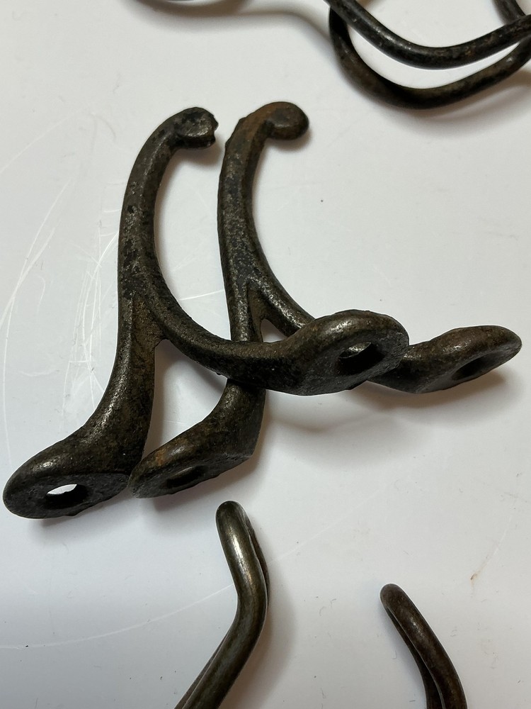 Vintage Wire Cast Iron Wall Coat Hat Hooks Mixed Lot Brown Rustic Hardware