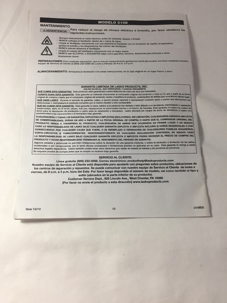 Lasko 32" ~ Oscillating Tower Fan Remote Model 2108 Operating Manual (Eng-Span)