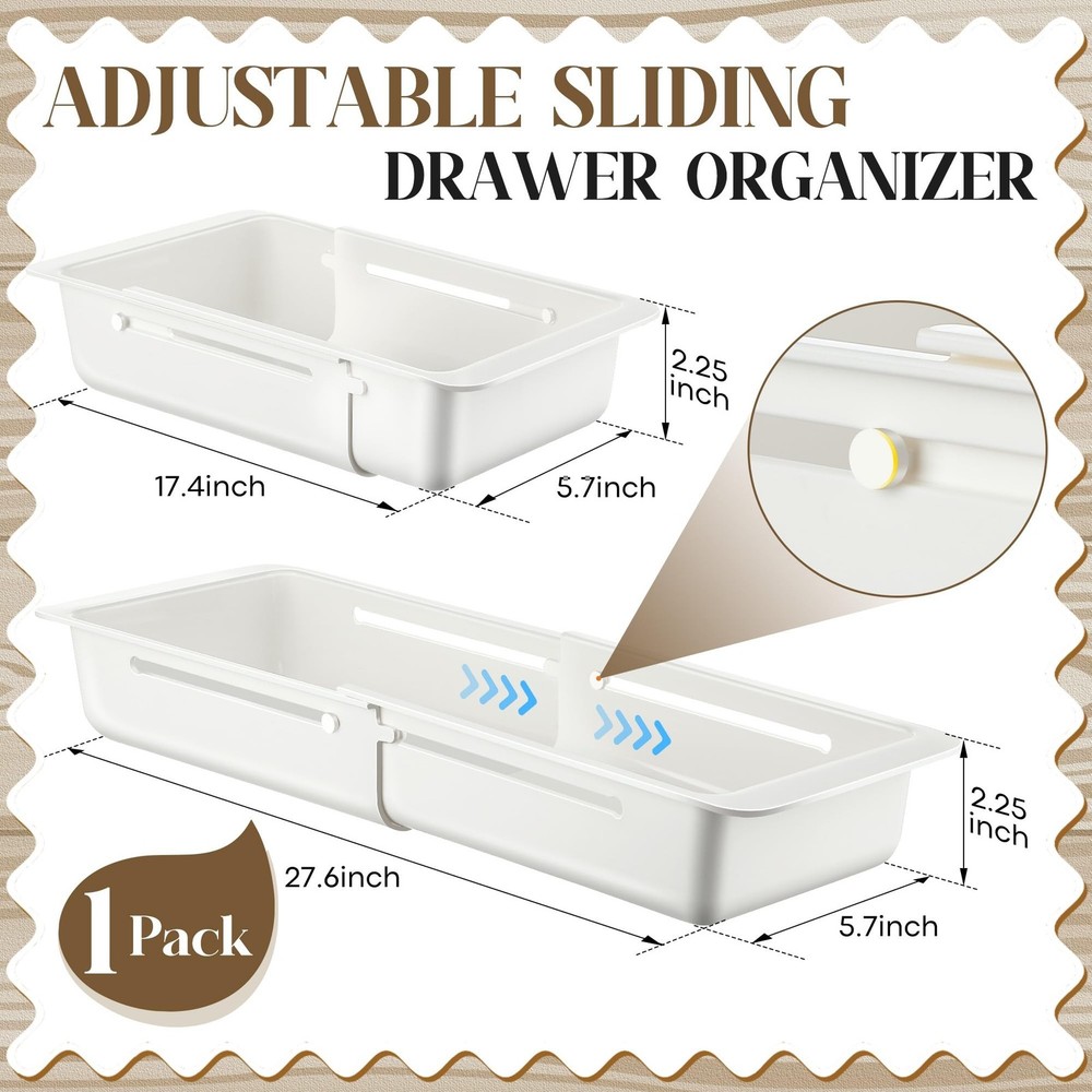 1 Pack Deep Drawer Organizer Bins, Sliding Drawer Organizer Bin Expandable an...