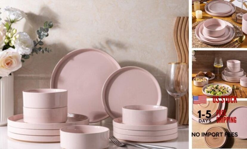 Ceramic Dinnerware Set for 4 | Speckled Stoneware Modern-Pink Service for 4