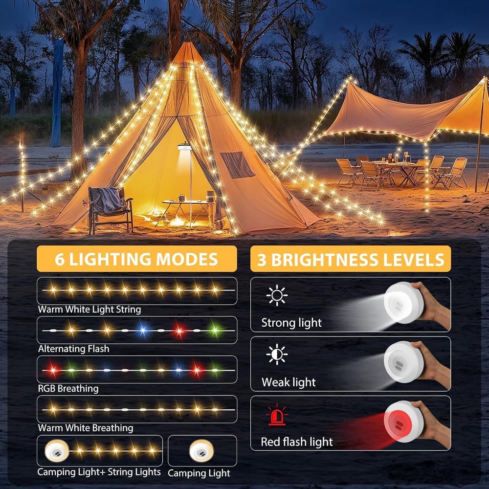 Camping String Lights 32.8FT Rechargeable 9 Modes Waterproof LED Tent Light