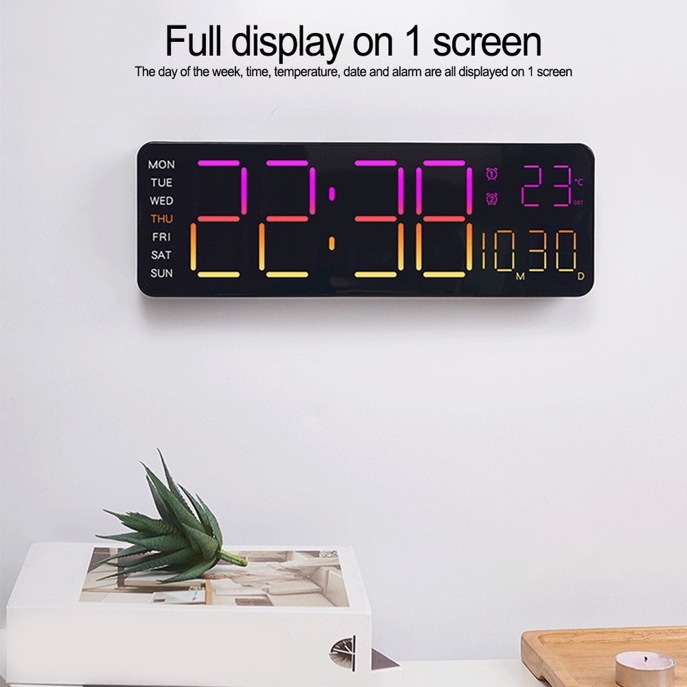 Digital RGB Wall Clock with Remote Control Temp Date Week Adjustable Brightness