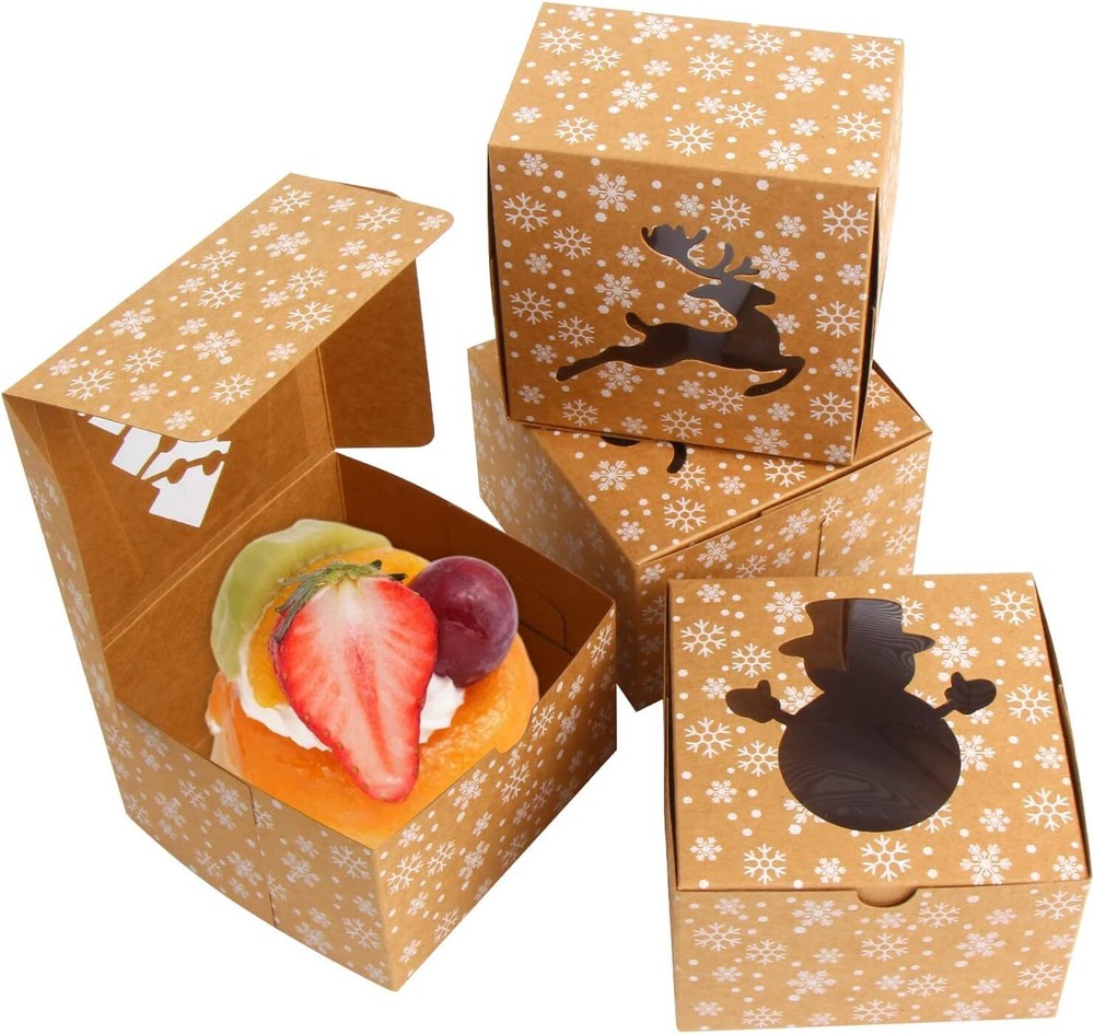 DERAYEE 24Pcs Christmas Cookie Boxes with Window, Holiday Bakery Gift Brown