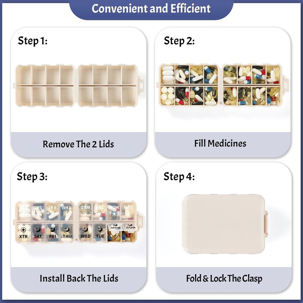 Foldable Weekly Pill Organizer 2 Times a Day with 2 Extra Compartments (