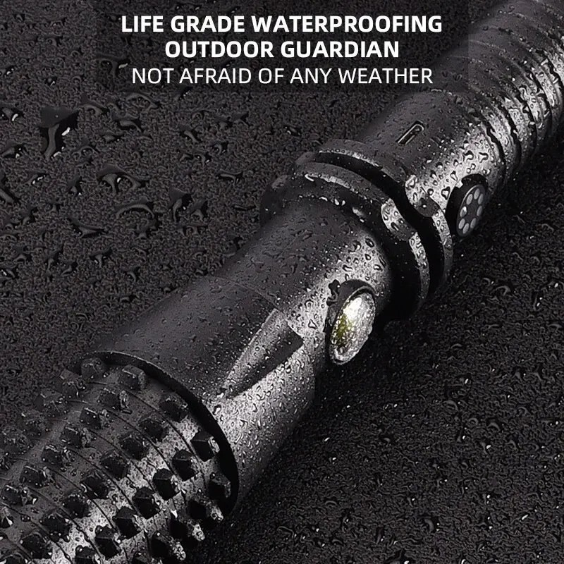 Rechargeable Tactical Flashlight Long Handle Self Defense Torch Window Breaker