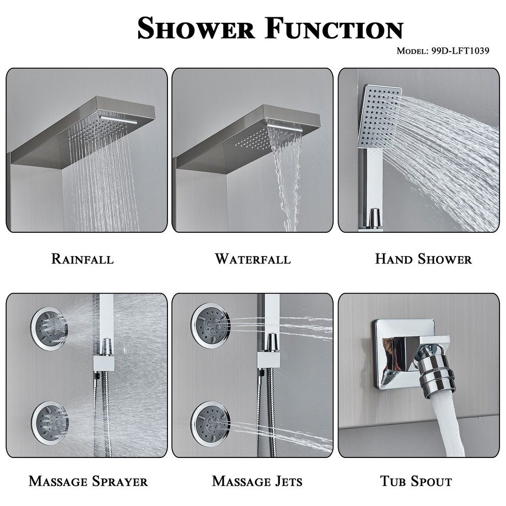 Shower Panel Tower System Stainless Steel 5-Function Rain Waterfall Massage Jets